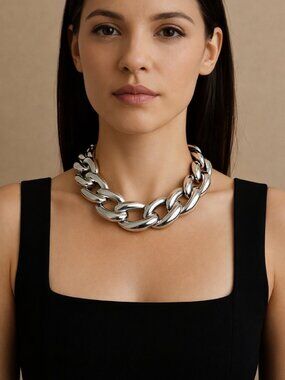 Chunky Link Statement Necklace Silver Tone 15 Inch 2 Inch Adjustable NEW